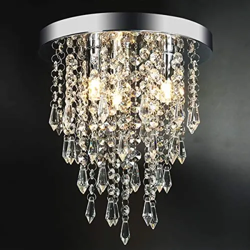 3 Lights Mini Crystal Flushmount Chandelier Fixture, Crystal Ceiling Lamp, H10.4'' X W9.8'', Elegant Modern Flush Mount Ceiling Light for Bedroom, Hallway, Bar, Living Room, Dining Room, Chrome(G9 Base)
