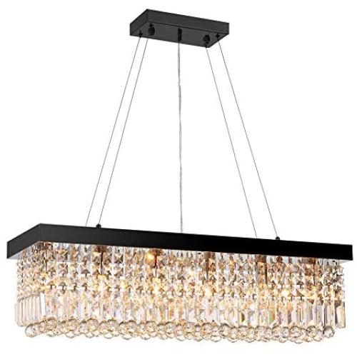 7PM W40'' x D10'' Modern Contemporary Linear Rectangle Rectangular Island Elegant K9 Crystal Chandeliers Crystal Droplets Pendant Suspension Lamp Light Fixture Hanging Dining Room Kitchen Island Black