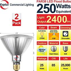 Explux 250W Equivalent LED PAR38 Flood Light Bulbs, 2400 Lumens, 2700K 2-Pack, Outdoor Full-Glass Weatherproof, Dimmable, Soft White