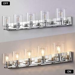 Deyidn 5 Lights Bathroom Vanity Light Fixture Over Mirror LED Modern Wall Sconce Lighting Chrome Fixture with Glass for Farmhouse Bedroom Living Room