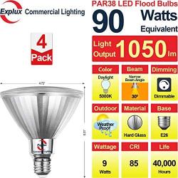 Explux 90W Equivalent Classic Full Glass LED PAR38 Spotlight Bulbs, 30° Spot Beam, 5000K 4-Pack, Dimmable, Outdoor Weatherproof, Daylight