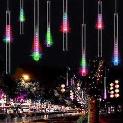 Zezuxy Meteor Shower Lights Multicolor, 144 LED Falling Rain Lights with 30cm 8 Tubes Falling rain Drop Christmas Lights, UL Listed Icicle Cascading Light for New Year Gift Party Holiday Wedding Tree