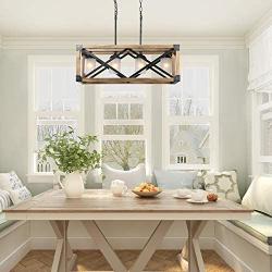 Farmhouse Kitchen Island Lighting, 4-Light Wood Hanging Light Fixture, Rectangular Chandelier for Dining Rooms, 27.5”L x 10”H