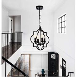 Riomasee Foyer Lantern Chandelier 4-Light Black Chandelier Rustic Farmhouse Light Fixtures for Dining Room,Living Room,Entryway,Hallway,Kitchen Lighting