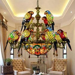 Tiffany Style Parrot Bird Chandeliers Vintage 12 Heads Double Layer Stained Glass Inverted Ceiling Pendant Light Adjustable Chain for Dining Room Cafe Bar