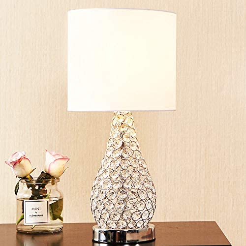 POPILION Alloy Chrome Bedroom Bedside Crystal Table Lamp, Elegant Crystal Desk Lamps with TC Fabric for Living Room Nightstand