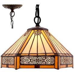 Tiffany Hanging Light W12H32 Inch Amber Stained Glass Pendant lamp 1E26 Hexagon Style S011 WERFACTORY Series Lamps Chandelier Ceiling Fixture Kitchen Island Bar Hallway Living Room Dining Room Loft