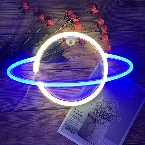 Neon Signs Blue White Galaxy Planet Neon Lights Signs Battery and USB Powered Wall Art LED Indoor Decorative Night Lights for Bedroom Kids Toys Gifts