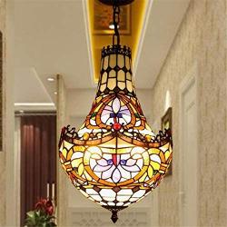 RUNNUP Tiffany Style 10 Inch Stained Glass Shade Hanging Chandelier Floral Vintage Light Decor Restaurant Living Dining Dining Room Kitchen Gift,2 Lights