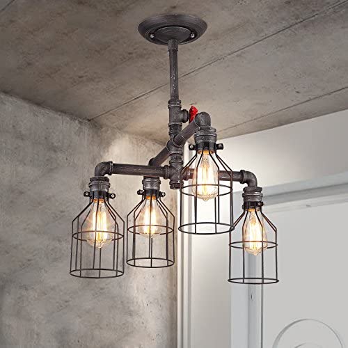 Industrial Vintage Brushed Iron Cage Chandelier - LITFAD 22'' Edison Ceiling Light Island Light Water Pipe Pendant Light with 4 Lights