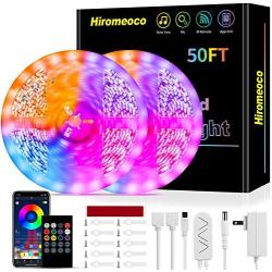 LED Strip Lights 50ft, Hiromeco Music Sync LED Lights Bluetooth App Controlled with Remote Mic Color Changing, 5050 Smart RGB Rope Lights for Kids Kitchen Room Lights (APP+Remote+Mic+3 Button)