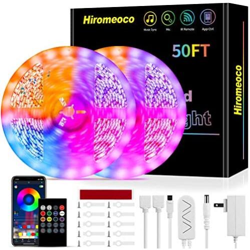 LED Strip Lights 50ft, Hiromeco Music Sync LED Lights Bluetooth App Controlled with Remote Mic Color Changing, 5050 Smart RGB Rope Lights for Kids Kitchen Room Lights (APP+Remote+Mic+3 Button)