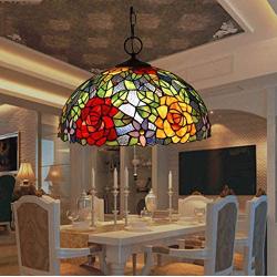 Tiffany Style Hanging Pendant Lamp Fixture in 16'' Rose Flower Stained Glass 3-Light Decor Hanging Light for Dining Room Kitchen Restaurant Hallway Art Lighting,110-240V,E27,A