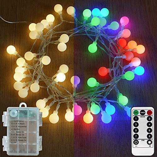 Abkshine 2 in 1 Function Multicolor Warm White Globe String Lights with Timer, 50 LED Battery Powered Fairy Lights for Bedroom Wedding Classroom Graduation Party Decorations(16.5FT)