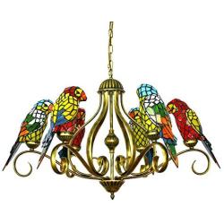 LITFAD Brass Finish Pendant Lighting 110V-120V 6-Light Multicolored Parrot Tiffany Style Stained Glass Chandelier 33.46'' Wide Ceiling Light in Shabby Chic Style for Living Room Restaurants Hotel