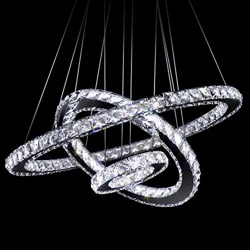 Crystal Chandelier 3 Rings 7.9''+15.8''+23.6'' Daylight 5000K 72W LED Circular Ceiling Lighting Fixture Wowatt Modern Pendant Light for Dining Living Bed Room Adjustable Stainless Chain for DIY Shape
