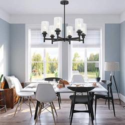 VINLUZ 6 Light Industrial Chandelier Black Pendant Lighting Hanging Fixture with Cylinder Clear Glass for Kitchen Bedroom Dining Room