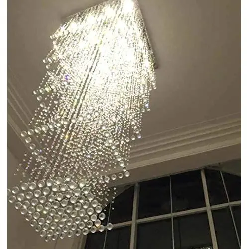 Square Base Spiral Staircase Light Large High Ceiling Light Fixture 12-Lights Raindrop Crystal Chandeliers Modern Living Room Lighting for Hallway Foyer Hall