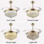 36'' Modern Ceiling Fans with Dimmable LED Lights Retractable Blades Invisible Crystal Chandelier Fans Gold for Bedroom and Living room