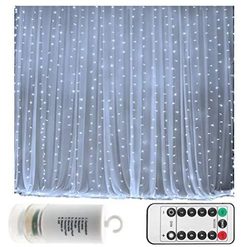 Battery Operated 300 LED Curtain String lights w/ Remote & Timer, Outdoor Curtain Icicle Wall Lights For Wedding Backdrops, Christmas, Holiday, Camping Decoration (9.8×9.8ft, Dimmable, Cool White)