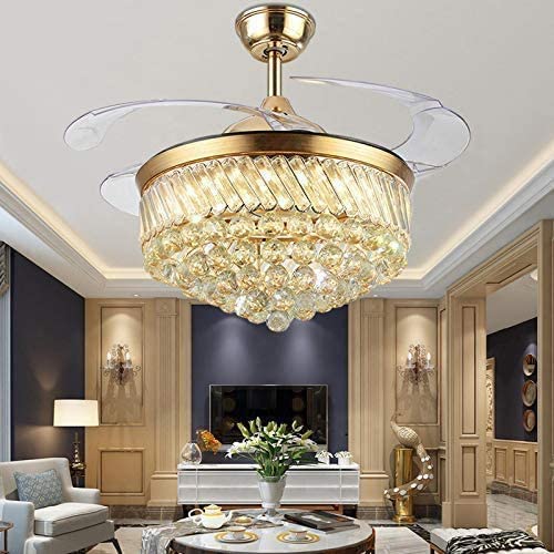 36'' Modern Ceiling Fans with Dimmable LED Lights Retractable Blades Invisible Crystal Chandelier Fans Gold for Bedroom and Living room