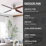 CO-Z 52’’ Modern Ceiling Fan with LED Lights and Remote, Indoor Low Profile Flush Mount Ceiling Fans for Bedroom, Living Room, Brushed Nickel Finish and 4 Reversible Plywood Blades in Cherry & Silver