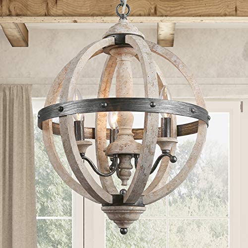 Farmhouse Chandelier Light Fixture, Dining Room Lighting Fixtures Hanging in Distressed Wood Finish, 15.7'' Dia Orb Chandelier for Living Room, Kitchen Island, Entryway, Bedroom