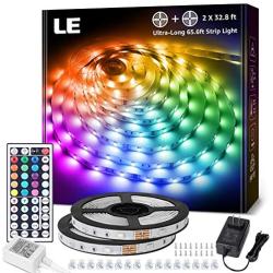 LE 65.6ft LED Strip Lights, Ultra-Long RGB 5050 LED Strips with Remote Controller and Fixing Clips, Color Changing Tape Light with 12V ETL Listed Adapter for Bedroom, Kitchen, Room, Bar(32.8FTX 2)