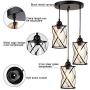 DLLT 3-Light Industrial Pendant Light, Black Metal Cage Hanging Chandelier Lights with Glass Shade, Vintage Style Flush Mount Swag Lighting Fixture for Kitchen/Dining Room/Hallway/Bedroom, E26 Base