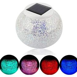 Solar Jar Glass Ball Table Light, Color Changing Solar Powered Crackle Glass Ball Led Garden Lights,Waterproof Led Night Light for Bedroom Yard Patio Halloween Christmas Decor (White Snowflake)