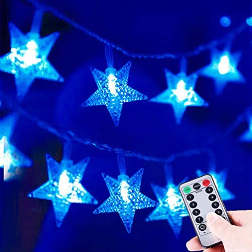 HUGSVIK 25Ft 50 LED Blue Star Lights for Bedroom,8 Modes Battery Operated Blue Christmas Lights, LED Star String Lights for Christmas Wedding Party Bedroom Kids Bed Canopy Camping Patio Umbrella