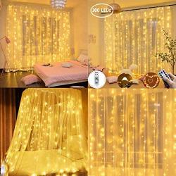 Tiandirenhe Window Curtain Fairy String Lights, 9.8x9.8FT 300 LED USB Powered Waterproof, 8 Lighting Modes with Hooks , Remote Control Timer for Bedroom Wedding Party Home Indoor Outdoor (Warm White)