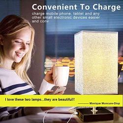 DLLT Modern USB Table Lamp with Dual Charging Ports, Bedside Desk Lamp, Square Grey Fabric Shade Nightstand Light with Metal Base for Bedroom/Study Room/Living Room E26 Bulb Included(Pack of 2)