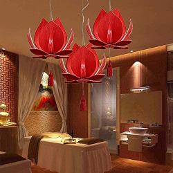 Romantic Lotus Pendant Hanging Lights Head Single Pendant Lamp Elegant Dining Room Chandelier with Fabric Shade, Bedroom Lamp, Ø50cm E27 Warm Light (Color : Red)