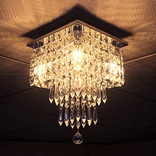 FRIXCHUR Mini Crystal Chandelier Modern Raindrop Ceiling Lighting Flush Mount Pendant Light Fixture for Bedroom Living Room Hallway Dining Room,E12 x 4 Lights