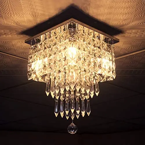 FRIXCHUR Mini Crystal Chandelier Modern Raindrop Ceiling Lighting Flush Mount Pendant Light Fixture for Bedroom Living Room Hallway Dining Room,E12 x 4 Lights