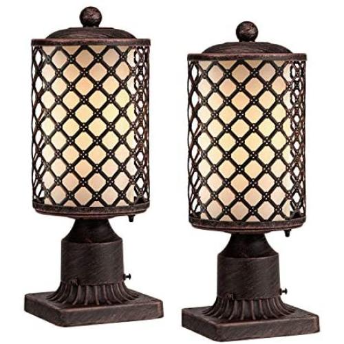 GZBtech Vintage Outdoor Post Lantern, 110V Waterproof Pole Light Fixture in Oil Rubbed Bronze Finish, Cast Aluminum Rustic Blossom Style Pillar Lantern Pack of 2 with Frosted Glass Shade for Backyard