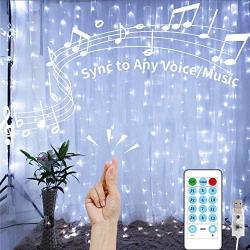 White Curtain Lights String,9.8Ftx9.8Ft 300 LED Hanging Fairy Lights with Remote for Bedroom Wall Decor,Sync Music Setting & 8 Modes with Auto On/Off Timer