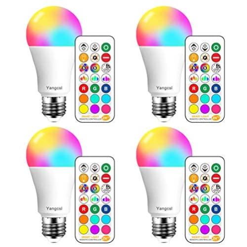 Yangcsl LED Light Bulbs 85W Equivalent 1200lm, RGB Color Changing Light Bulb, 6 Moods - Memory - Sync - Dimmable, A19 E26 Screw Base, Timing Remote Control Included (Pack of 4)