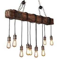 KJLARS Farmhouse Chandelier Wood Hanging Industrial Pendant Lighting Vintage Ceiling Light Fixture 10 Light for Pool Table Kitchen Island Bar Bedroom Dining Living Retro Hanging Lamp (43.31 inches)