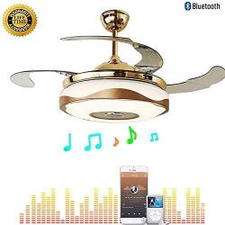 42 Inch Bluetooth Ceiling Fans with Lights and Remote Control, Retractable Chandelier Fan Lighting with Speaker Play Music 7 Colorful Dimmable Fixture for Living/Dining Room 36W