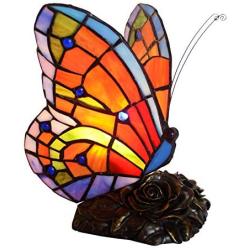HT Tiffany Style Small Night Light Butterfly Shape Stained Glass Shade(TY289) 1-Light Resin Base Traditional Handmade Table Lamp for Family Living Room Reading Bedroom Bedside Dresser