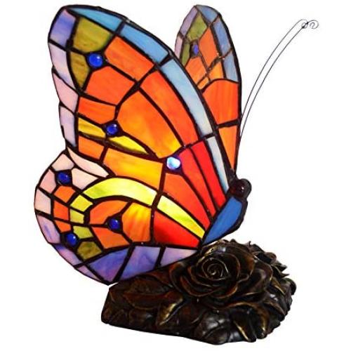 HT Tiffany Style Small Night Light Butterfly Shape Stained Glass Shade(TY289) 1-Light Resin Base Traditional Handmade Table Lamp for Family Living Room Reading Bedroom Bedside Dresser