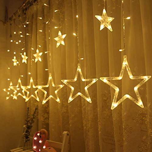 Twinkle Star 12 Stars 138 LED Curtain String Lights, Window Curtain Lights with 8 Flashing Modes Decoration for Christmas, Wedding, Party, Home Decorations (Warm White)