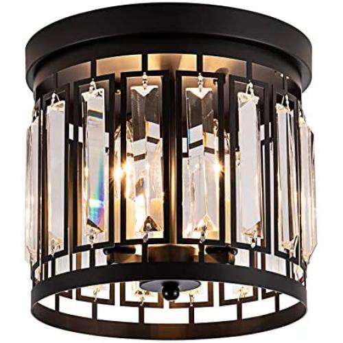 Larootsi Modern Flush Mount Ceiling Light with K9 Crystal 3E12 Bulb Base Close to Ceiling Light Fixture for Bar Kitchen Hallway Dining Room Living Room Black