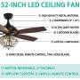 Black Ceiling Fan with Light Kit Crystal Chandeliers Fan Light 52'' Metal Indoor Mute Quiet 5 Reversible Blades Remote Control Ceiling Fan Light 52-Inch Living Room Bedroom Crystal Fan Light