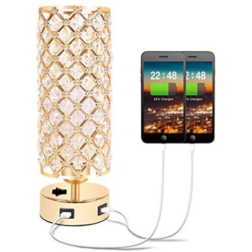 USB Crystal Table Lamp, Gold Table Lamp with Dual USB Charging Ports, Bedside Light Metal Base Stylish, Modern Lamp with Crystal Lamp Shade, Nightstand Light for Bedroom Living Room Entryway Office