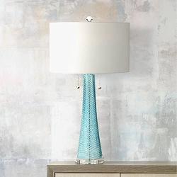 Miriam Modern Table Lamp Light Aqua Blue Textured Glass White Drum Shade for Living Room Family Bedroom Bedside - Possini Euro Design