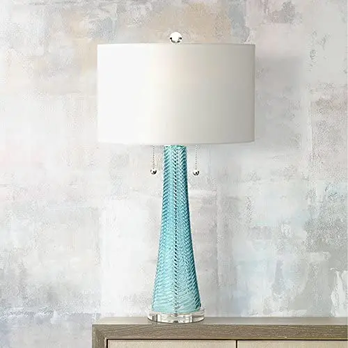 Miriam Modern Table Lamp Light Aqua Blue Textured Glass White Drum Shade for Living Room Family Bedroom Bedside - Possini Euro Design