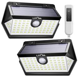 LITOM Solar Lights Outdoor with Remote Control, 3 Lighting Modes, 270°Wide Angle, IP67 Waterproof, Easy-to-Install Security Lights for Front Door, Yard, Garage, Deck, Fence-2 Pack